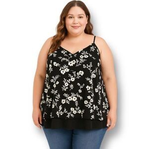 Torrid 2X Black White Floral V-Neck Tiered Strappy Camisole Sleeveless Flowy Top
